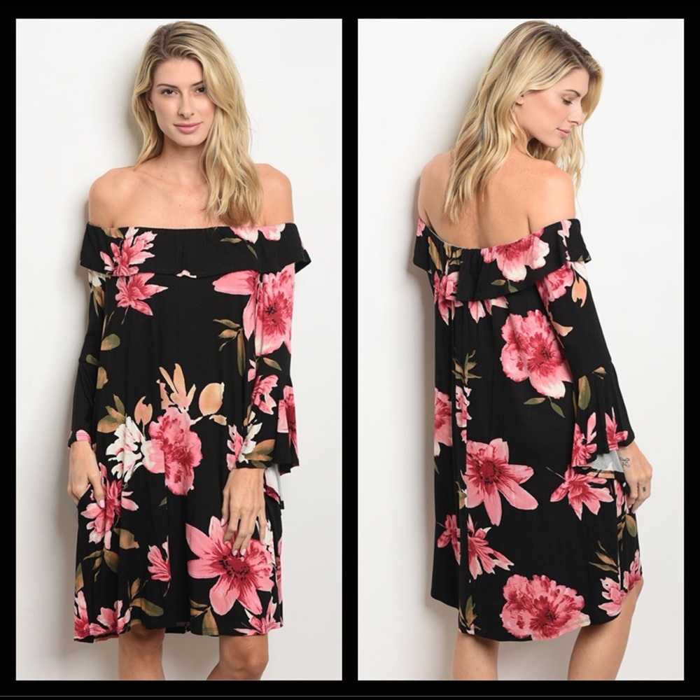 REDUCED💰 Black Floral Off-The-Shoulder Dress - Picture 4 of 5